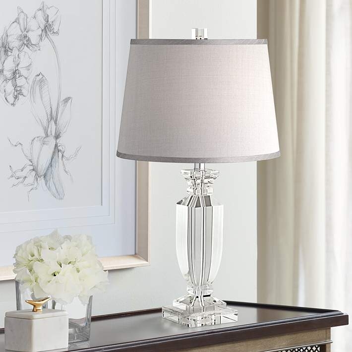 Table Lamp, Tiered Faceted Crystal Base, Grey Tapered Drum Shade