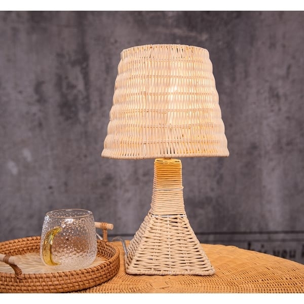 Table Lamp Tiered Rattan Base Natural Woven Boho Bedside Lighting