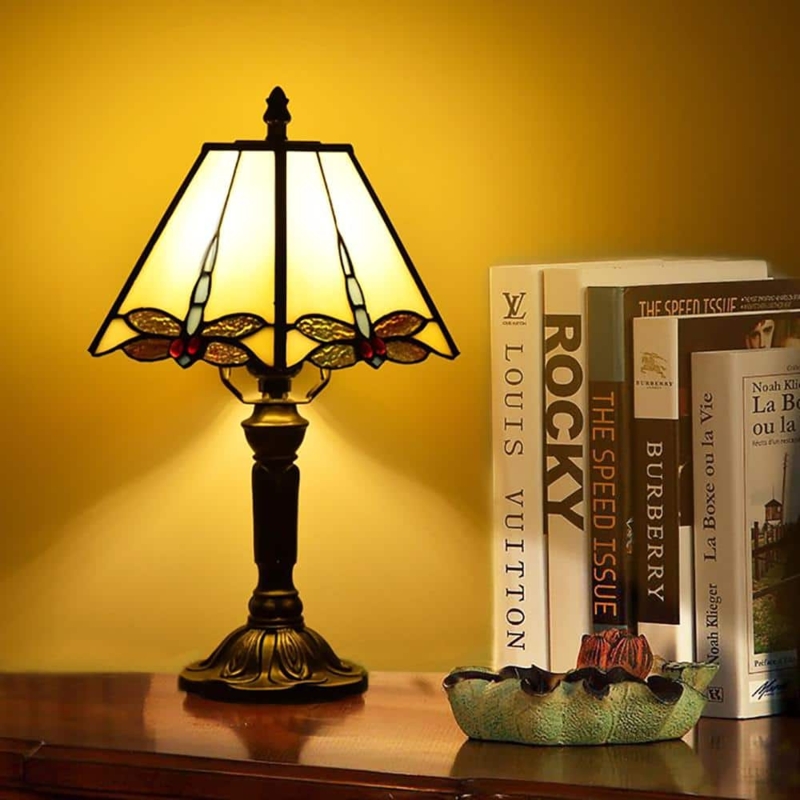 Table Lamp Tiffany Style Dragonfly Motif Stained Glass Pull Chain Switch
