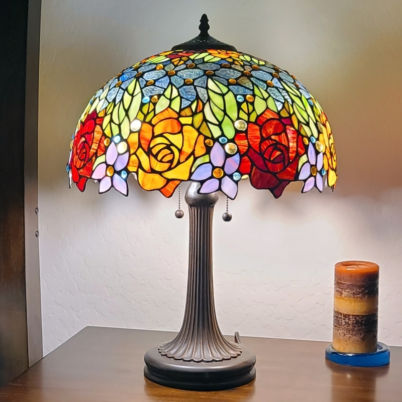 Table Lamp Tiffany Style Rose Red Motif Stained Glass Antique Bronze
