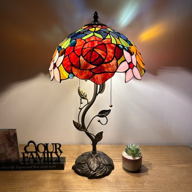 Table Lamp Tiffany Style Rose Stained Glass Floral Shade Bronze