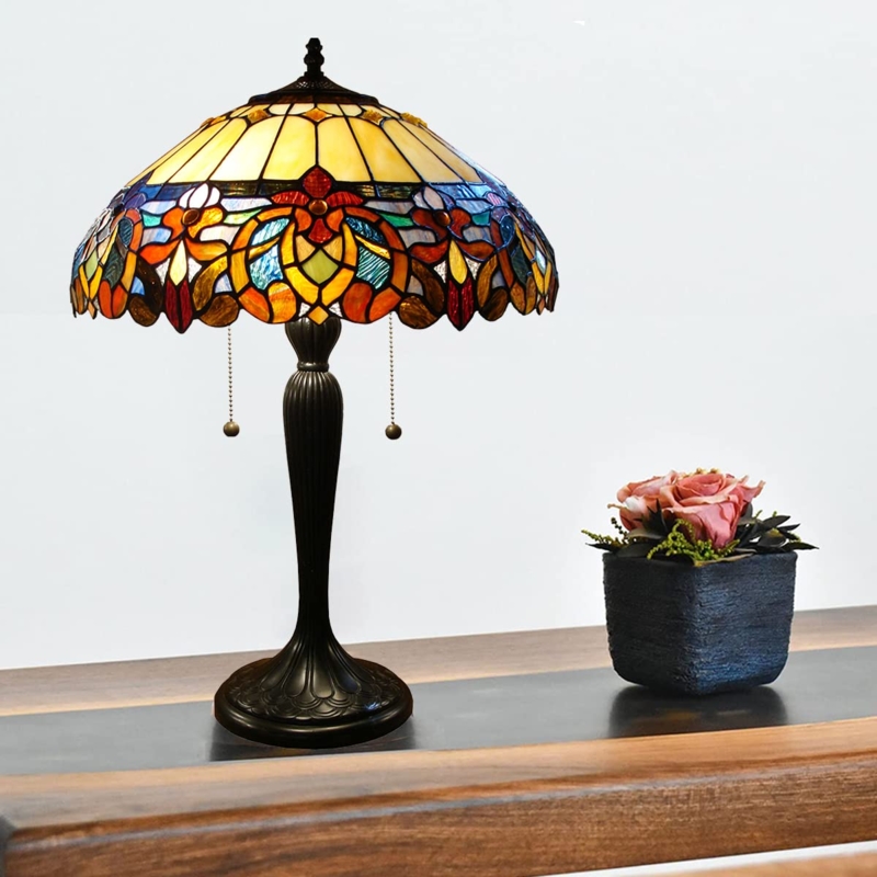 Table Lamp Tiffany Style Stained Glass Dragonfly Motif Bronze