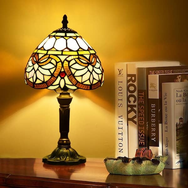 Table Lamp Tiffany Style Stained Glass Shade Bronze Pedestal Base