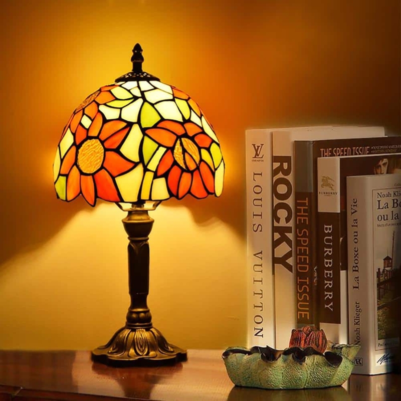 Table Lamp Tiffany Style Sunflower Design Ornate Bronze Base