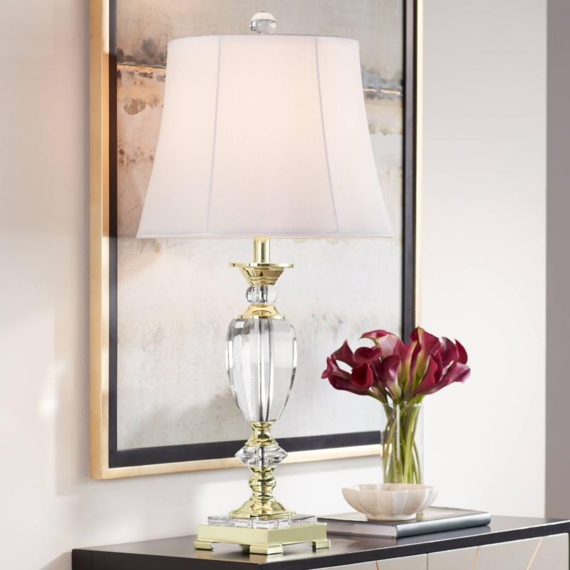 Table Lamp, Traditional Faceted Crystal Body, Brass Finish, Bell Shade