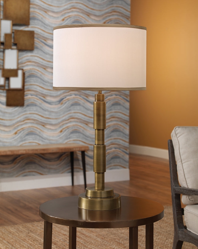 Table Lamp, Transitional Antique Brass Tiered Architectural Pedestal Base