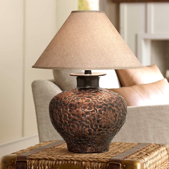 Table Lamp: Transitional Metallic Cylinder Base with Floral Cutouts
