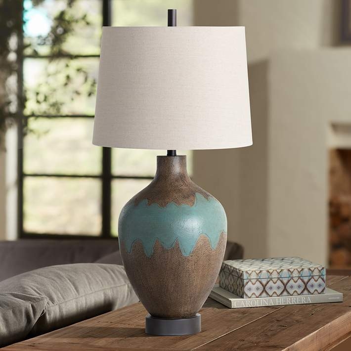 Table Lamp Transitional Saddle Tan Cylindrical Base Stitched Seam