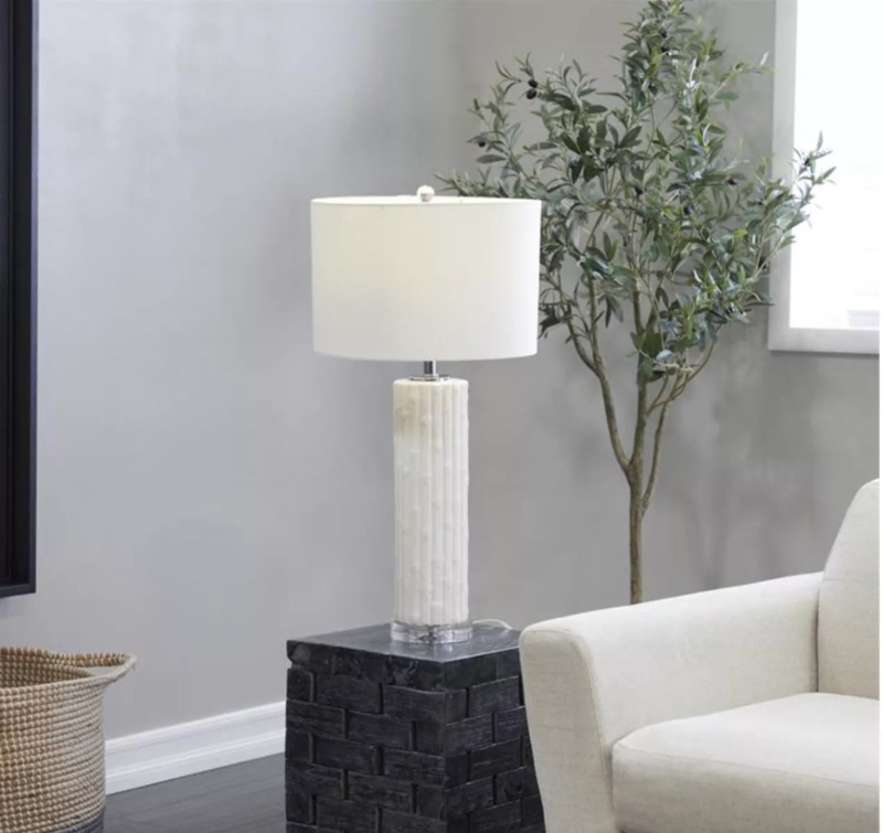 Table Lamp, Transitional White Ceramic Fluted Urn Base, Drum Shade