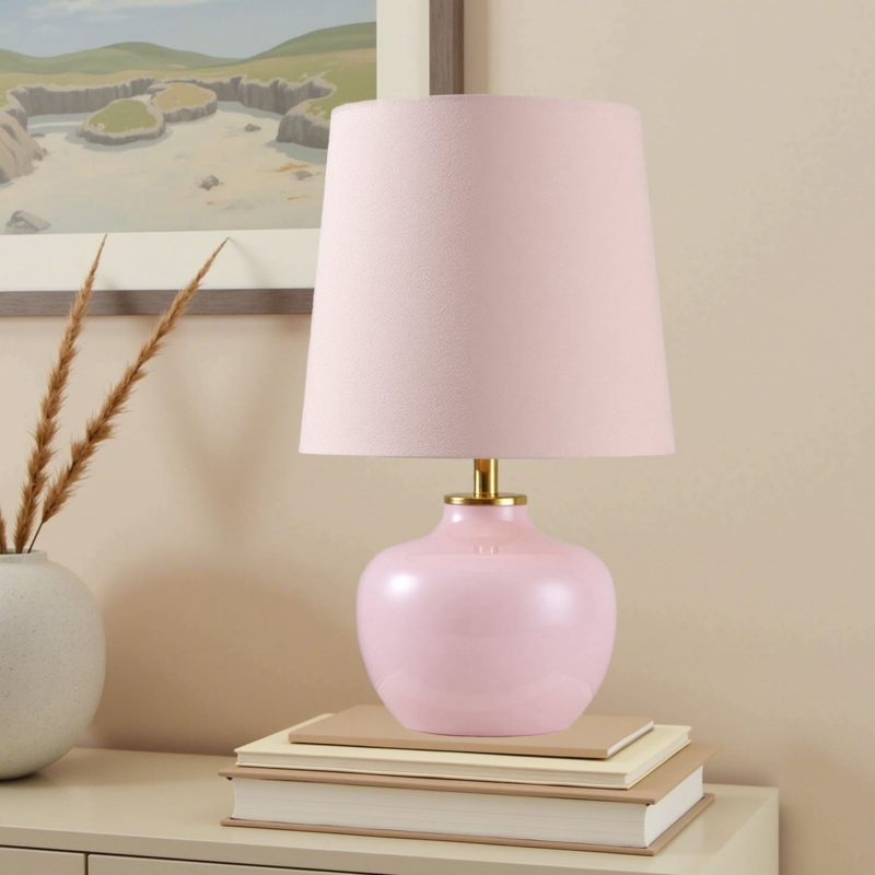 Table Lamp: Translucent Glass Rounded Base, Velvet Shade. Small Accent Lamp.