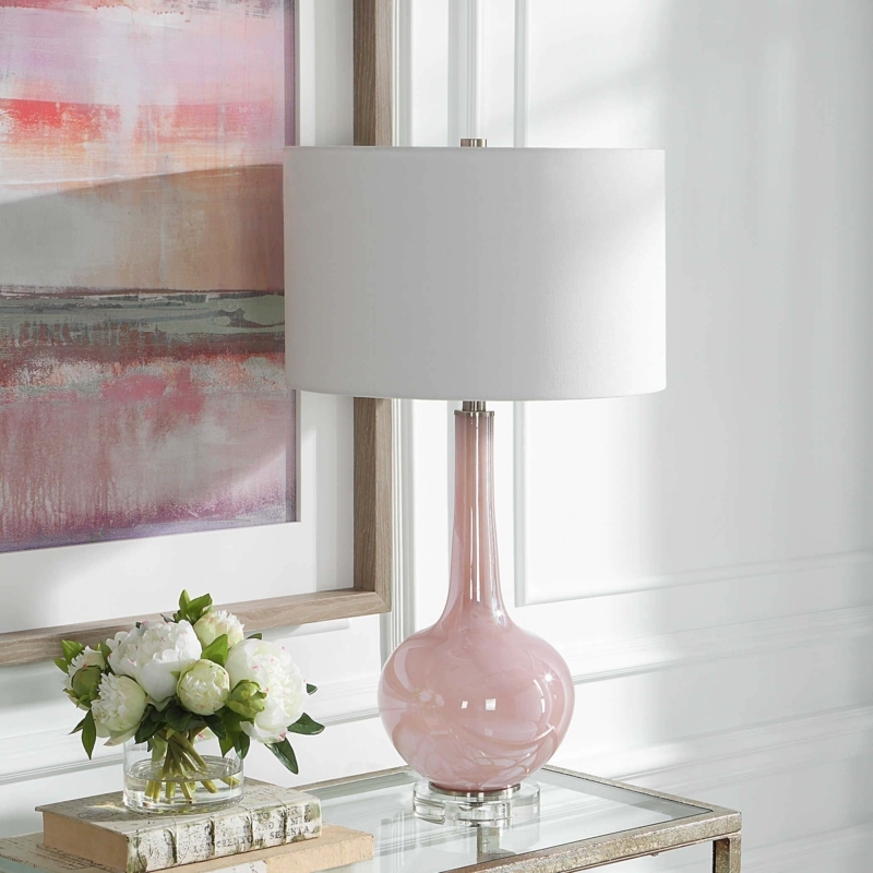 Table Lamp Translucent Pink Glass Bulbous Base Gold Accents Modern Glam