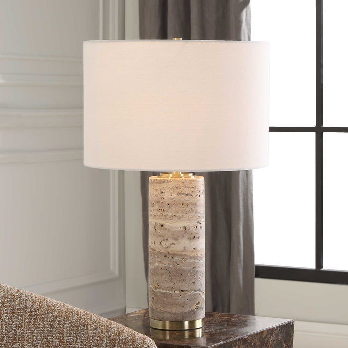 Table Lamp Travertine Like Base Brass Accents, Travertine Stone Base Table Lamp