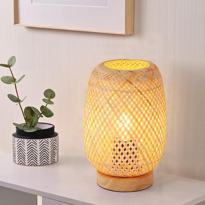 Table Lamp Tripod Base Rattan Globe Shade Boho Woven Desk Light