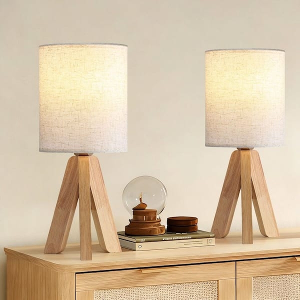Table Lamp Tripod Base Wood Toned Minimalist Bedroom Lighting