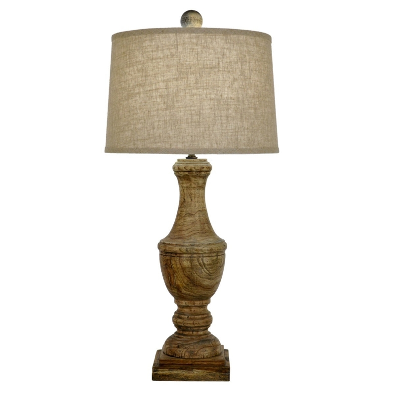 Table Lamp Turned Base Weathered Wood Finish White Drum Shade
