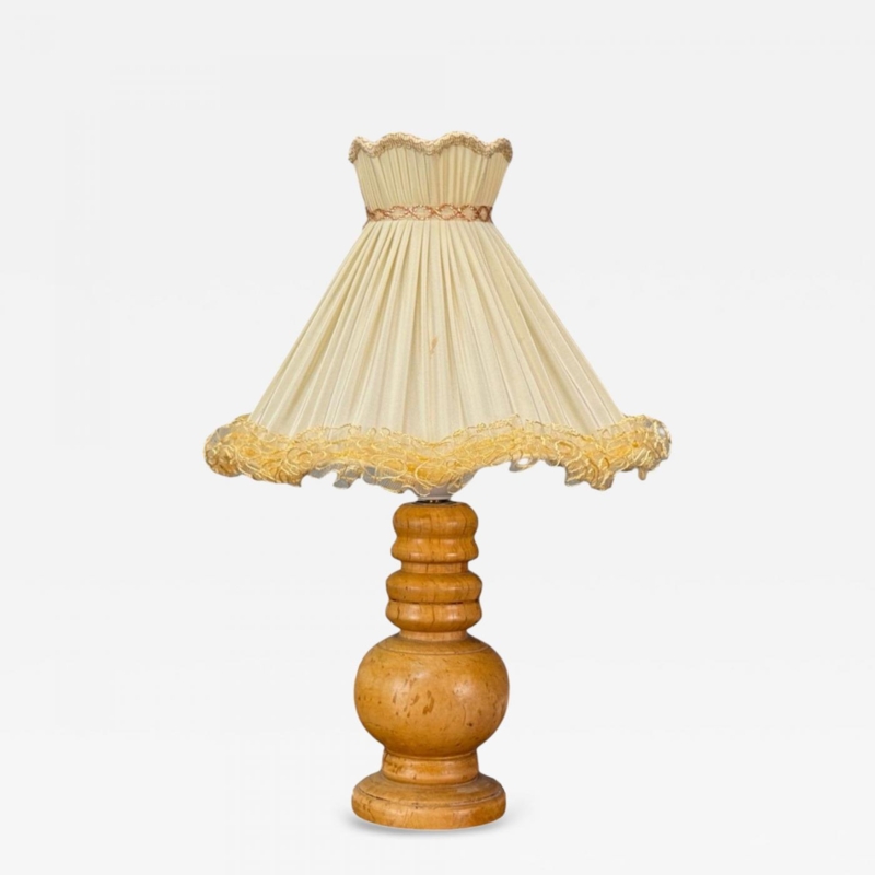 Table Lamp Turned Birch Base Tall Silk Shade Scandinavian Modern