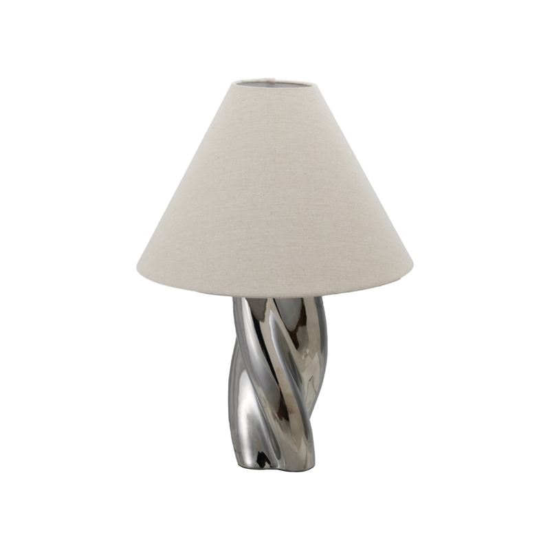Table Lamp Twisted Stoneware Base Linen Shade Sculptural Ceramic Lamp
