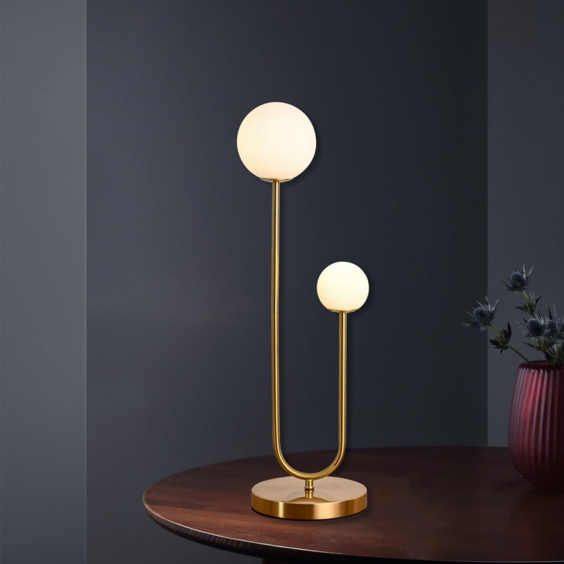 Table Lamp U Shaped Frame Dual Globes Polished Gold Mid Century