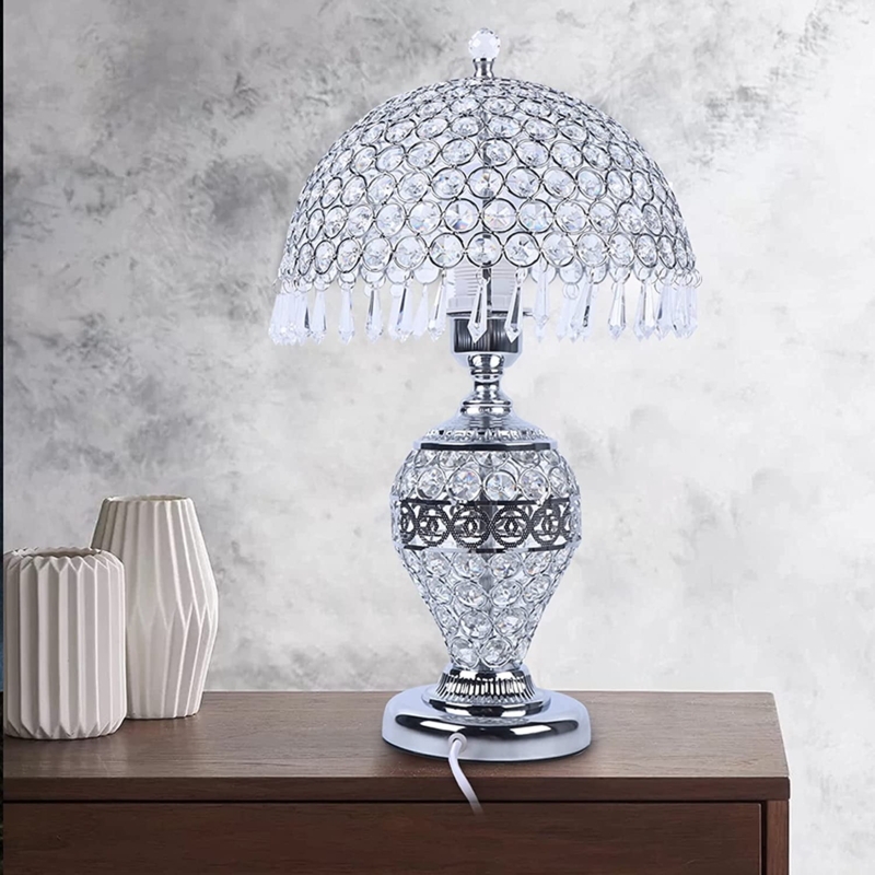 Table Lamp, Umbrella Shade with Crystal Fringe, Polished Silver Base