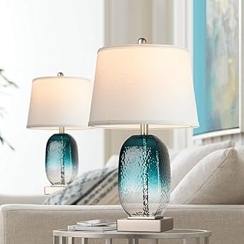 Table Lamp USB Charging Port Teal Crackle Glass Base