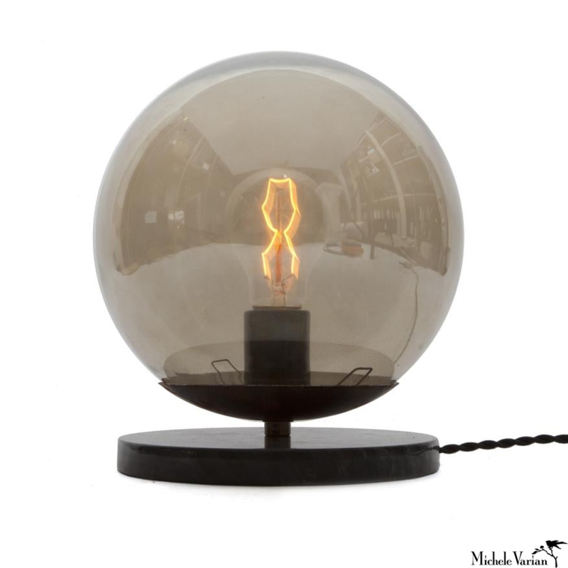 Table Lamp Veined Stone Base Smoke Grey Glass Cylindrical Moody