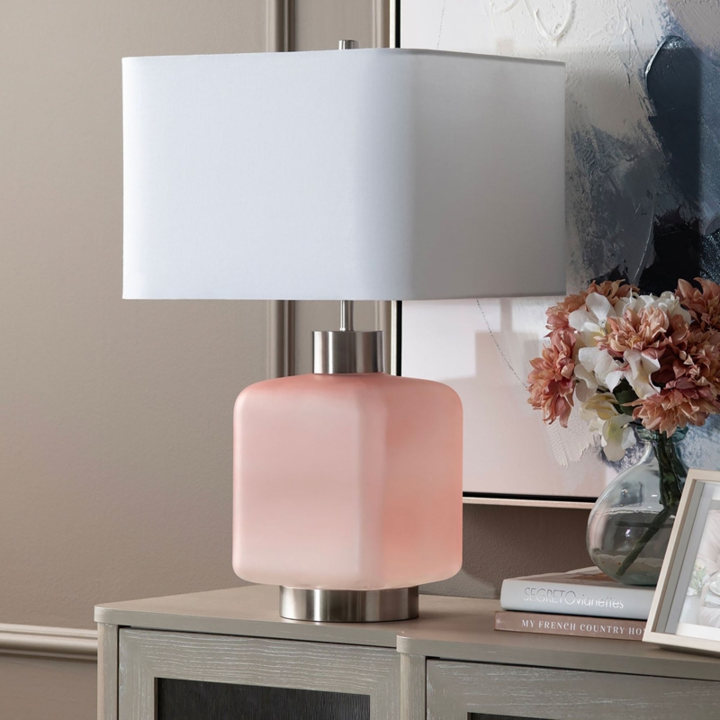 Table Lamp: Vertically Ribbed Ceramic-Like Base, Gold Neck. Ribbed Lamp.