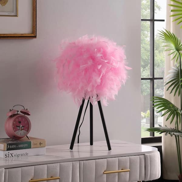 Table Lamp Vibrant Feather Shade Tripod Metal Base Glam Accent Light