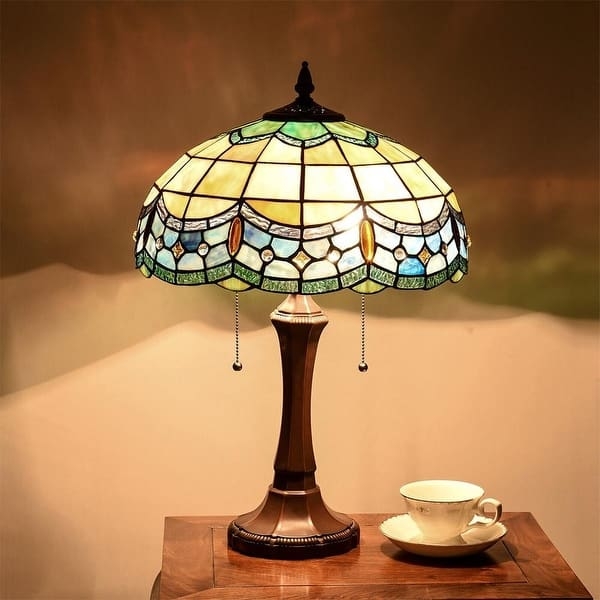 Table Lamp, Victorian Floral Pattern, Double Pull Chain, Bronze Toned