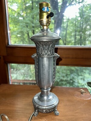 Table Lamp Vintage Art Deco Scalloped Dome Shade Tiered Metal Base