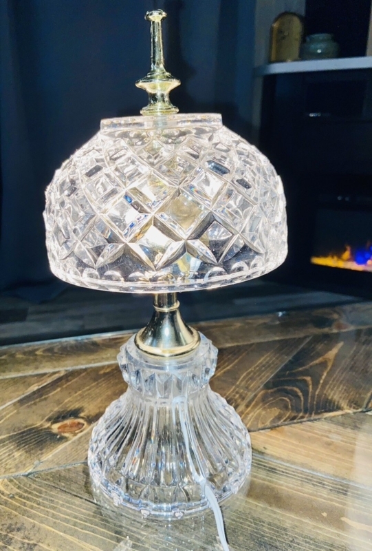 Table Lamp, Vintage Cut Lead Crystal, Mushroom Shade, Diamond Pattern