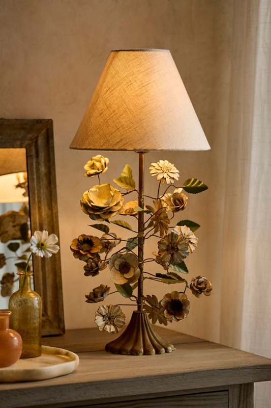 Table Lamp Vintage Floral Iron Filigree Base Blackened Bronze Finish