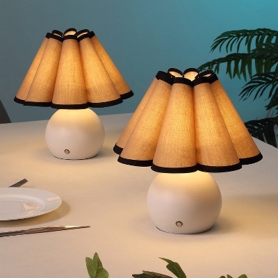 Table Lamp Vintage Glam Brushed Gold Scalloped Shade Cordless Set of 2