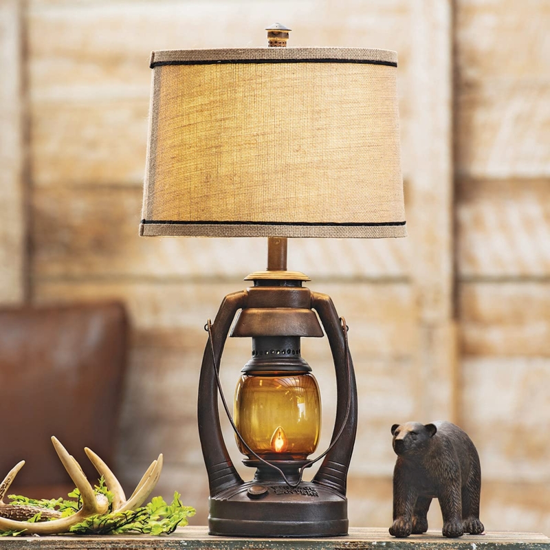 Table Lamp Vintage Lantern Base Weathered Finish Cabin Decor