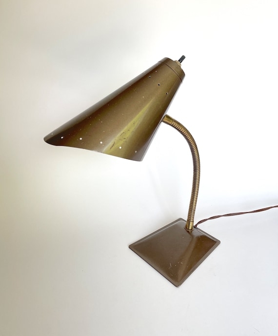 Table Lamp Vintage Mid Century Gooseneck Gold Toned Metal Cone Shade