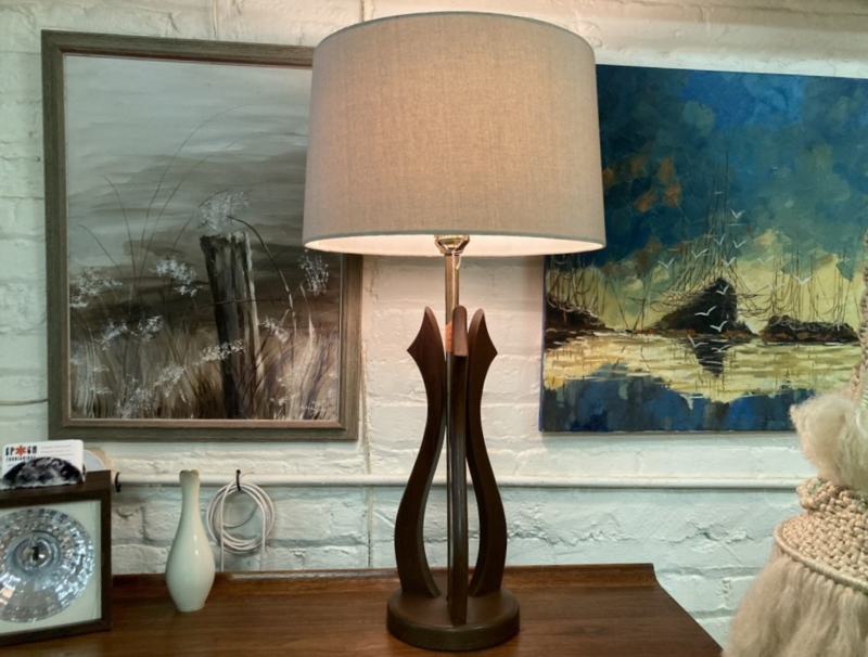 Table Lamp Vintage Walnut and Brass Lamp, Sculptural Base