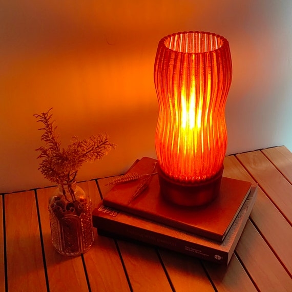 Table Lamp Wavy Silhouette Amber Glow 3D Printed Texture Sculptural