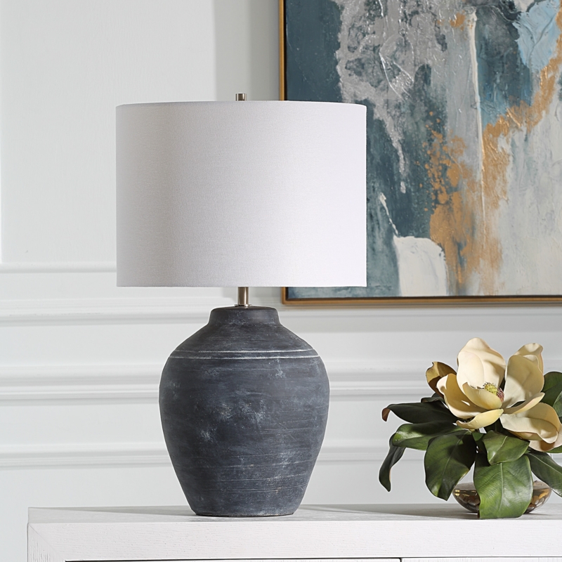 Table Lamp, Weathered Black Ceramic Urn Silhouette with White Shade.