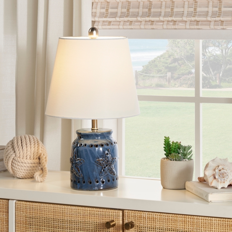 Table Lamp, Weathered Ivory Ceramic Coastal Starfish Table Lamp.