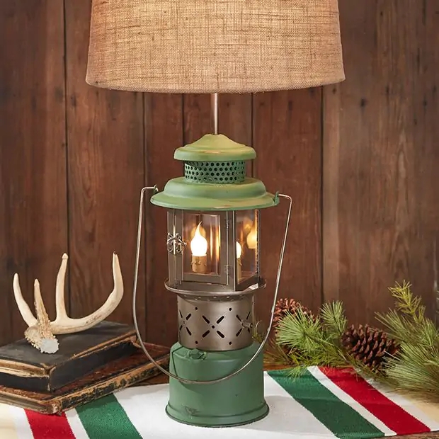 Table Lamp Weathered Metal Lantern Linen Shade Farmhouse Accent