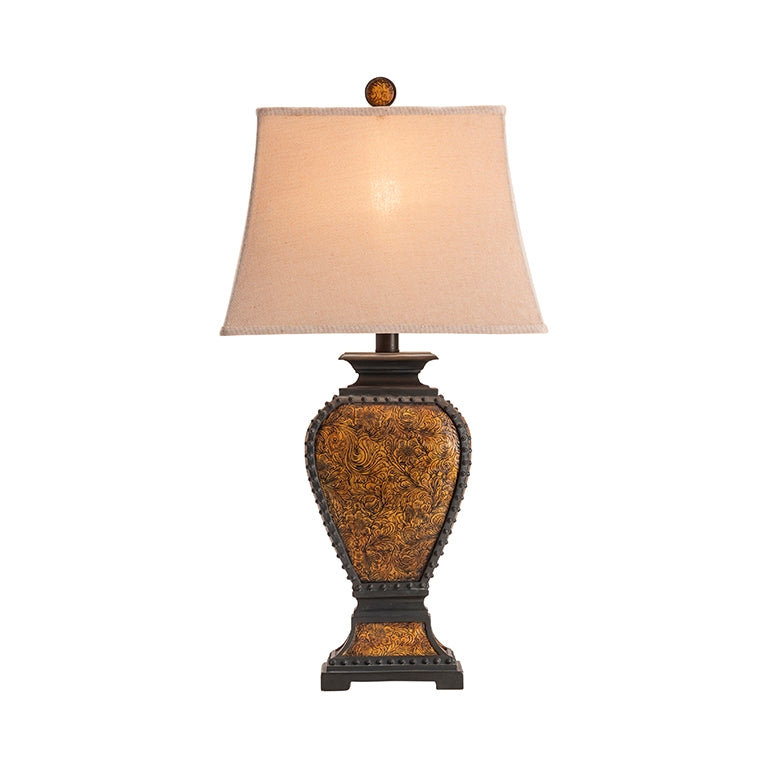 Table Lamp Western Brown Tooled Floral Base Rectangular Shade