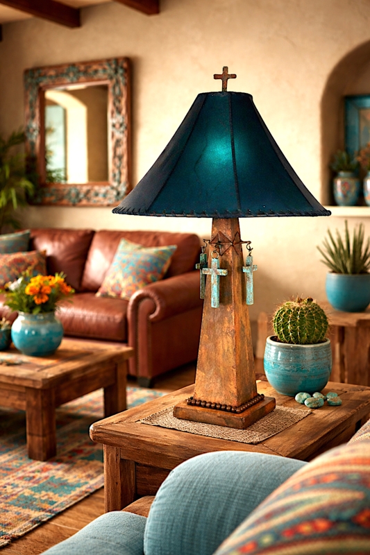 Table Lamp Western Cross Motif Turquoise Stone Burlap Shade Rustic Style