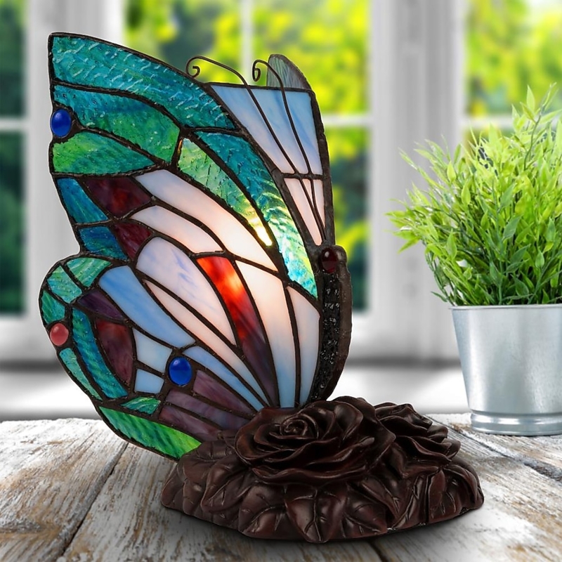 Table Lamp Whimsical Butterfly Shape Multicolor Stained Glass Bronze