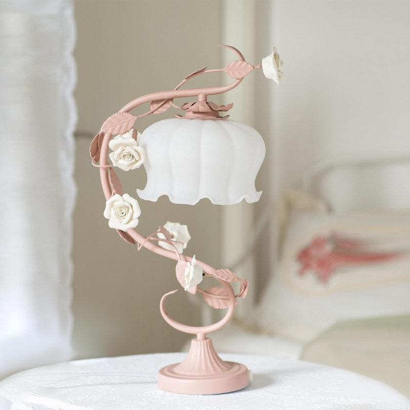 Table Lamp Whimsical Floral Bionic Shape Pink Glass Petal Green Base