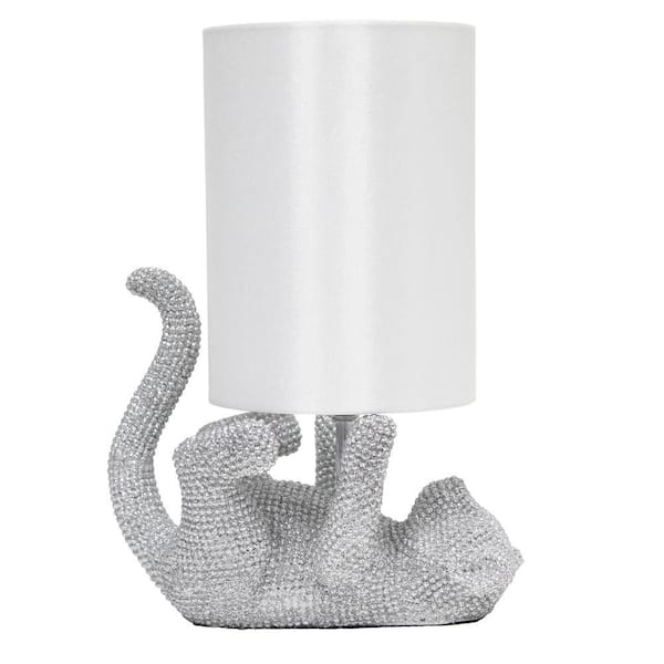 Table Lamp: Whimsical Silver Cat Shaped Base with Rhinestone Look Detail.