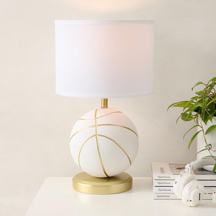 Table Lamp White and Gold Basketball Base Tapered Shade Chic Decor
