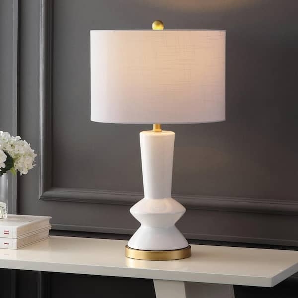 Table Lamp White Ceramic Geometric Textured Base Brass Gold