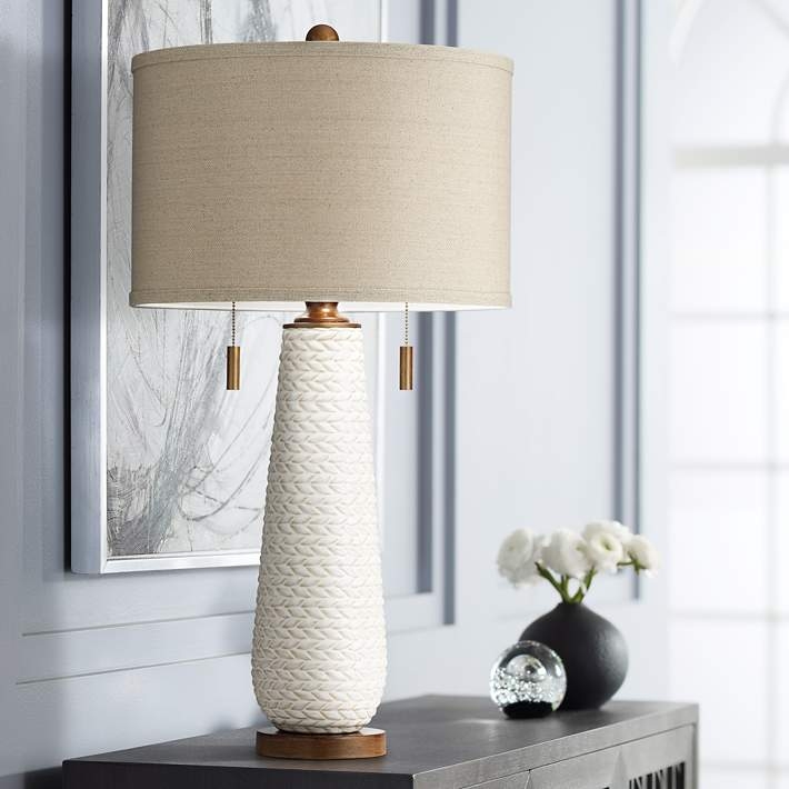 Table Lamp White Ceramic Ribbed Surface with Dual Pull Chains