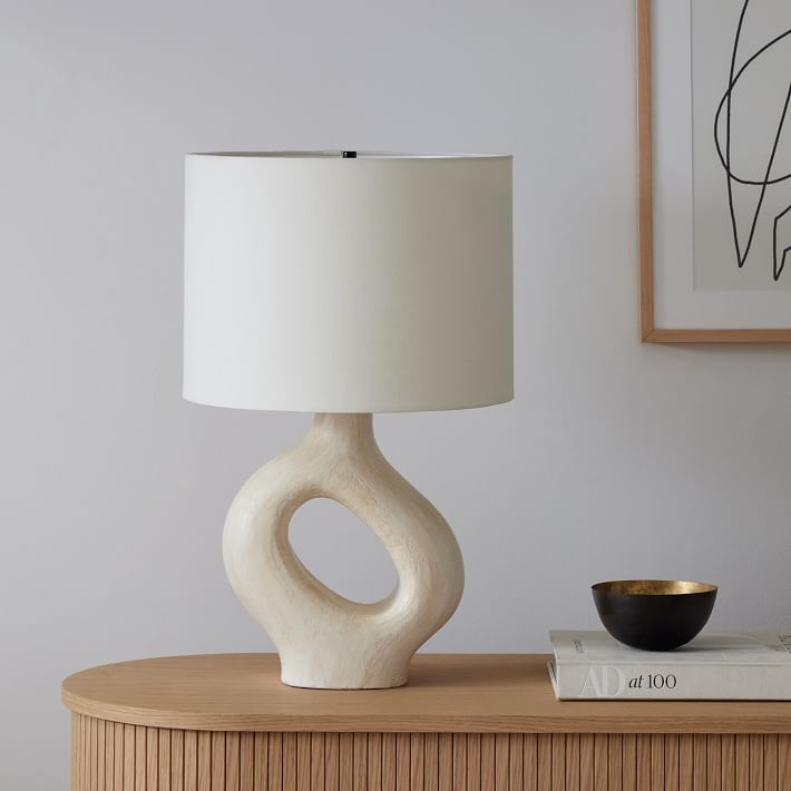 Table Lamp, White Ceramic with Sculptural Cut-Out Base, Modern Minimalist.