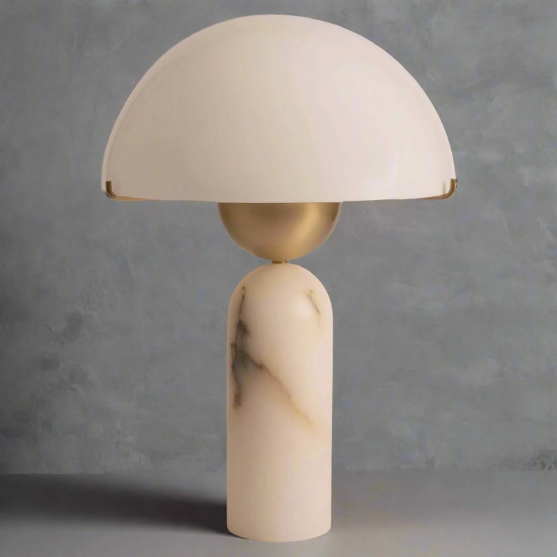 Table Lamp White Dome Shade Marble Look Base Organic Style