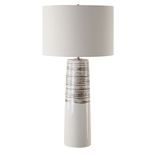 Table Lamp White Glazed Ribbed Ceramic Base Silver Metal Accent
